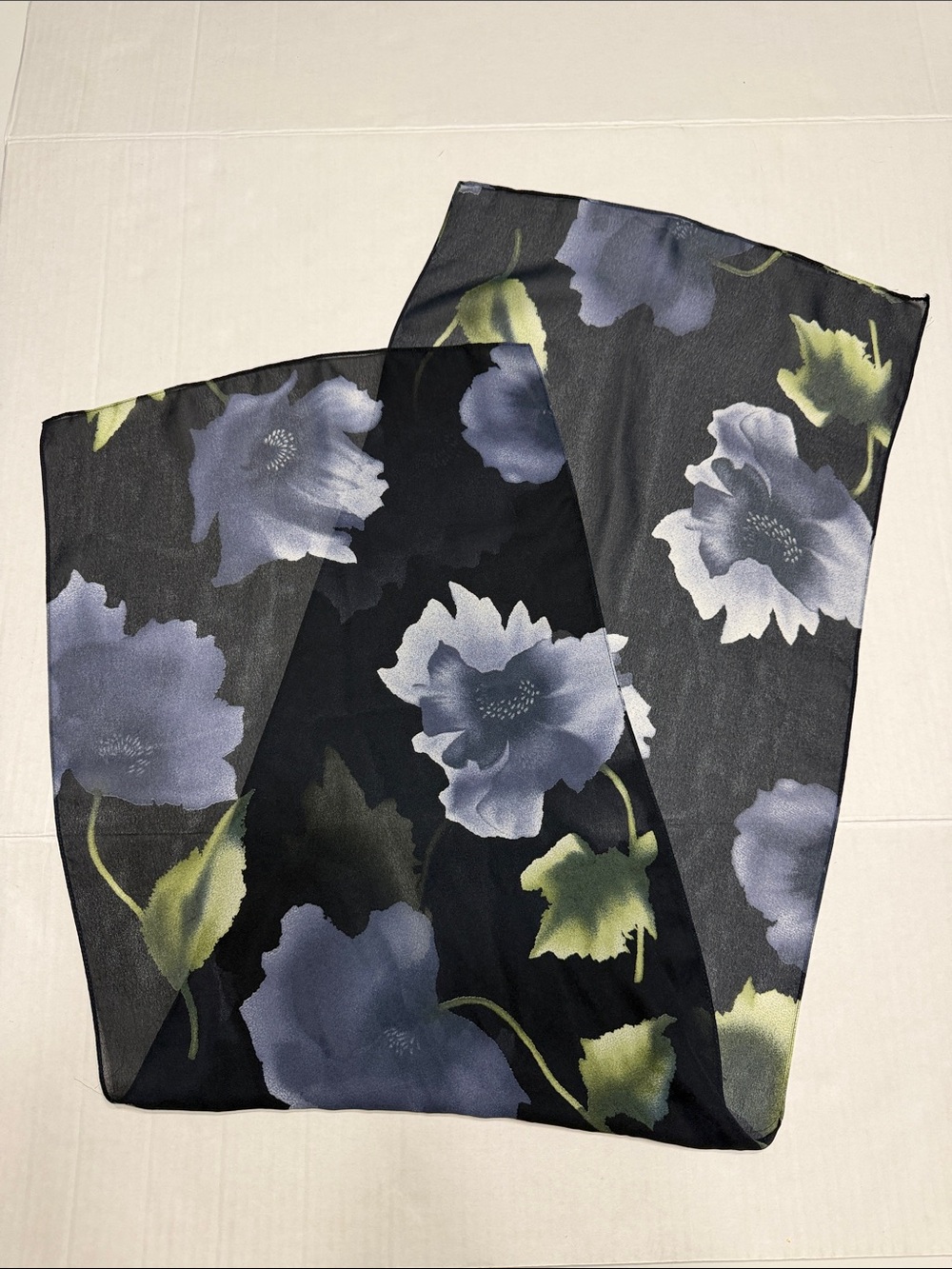 Black Floral Sheer Scarf with Blue-Grey Blooms